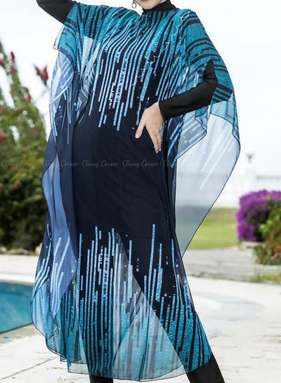 Blue Sound Waves Print Swimsuit Cover Up Closed Up