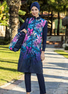 Multicolour Leafy Prints Zip Front Navy Blue Full Bodysuit Swimsuit