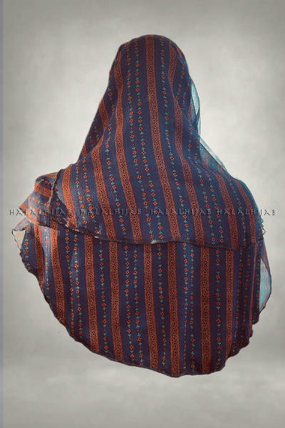 Navy Orange Striped Floral Chiffon Instant Hijab