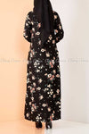 Neutral Blossom Print Black Modest Long Dress - back view