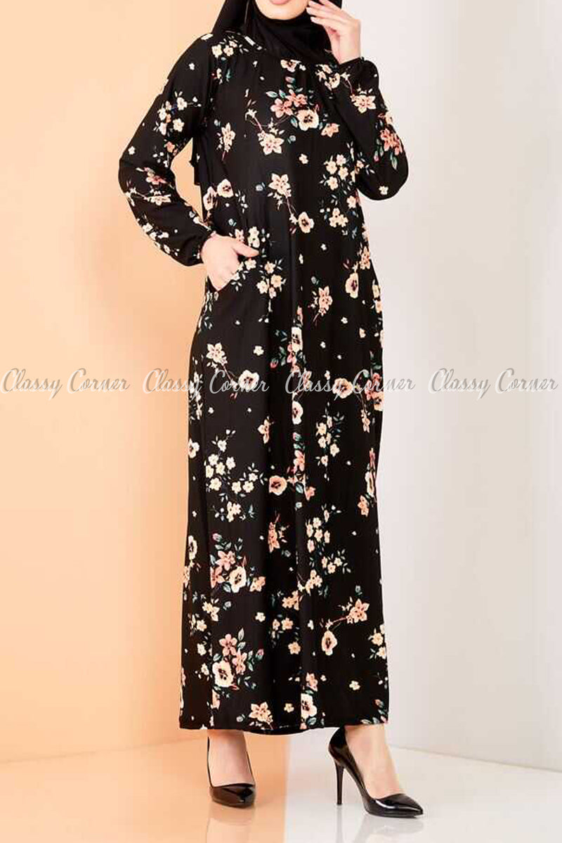 Neutral Blossom Print Black Modest Long Dress - full front view