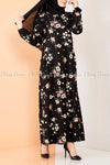 Neutral Blossom Print Black Modest Long Dress - full front view