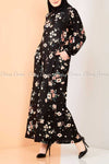 Neutral Blossom Print Black Modest Long Dress - right side view