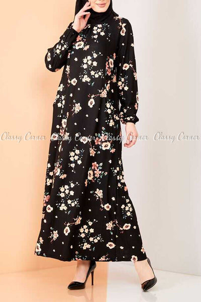 Neutral Blossom Print Black Modest Long Dress - right view