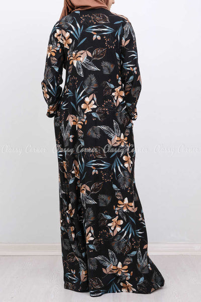 Neutral Multicolour Hawaiian Print Black Modest Long Dress - back view