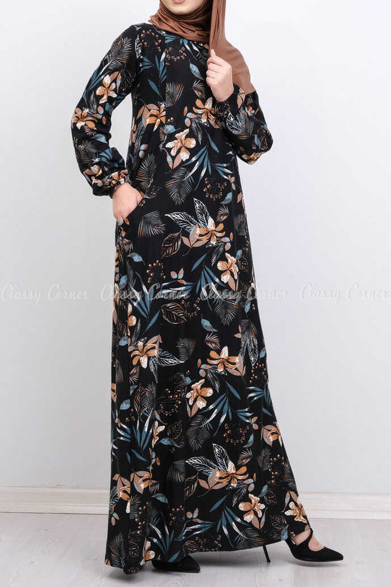 Beige Floral Hawaiian Print Black Modest Long Dress