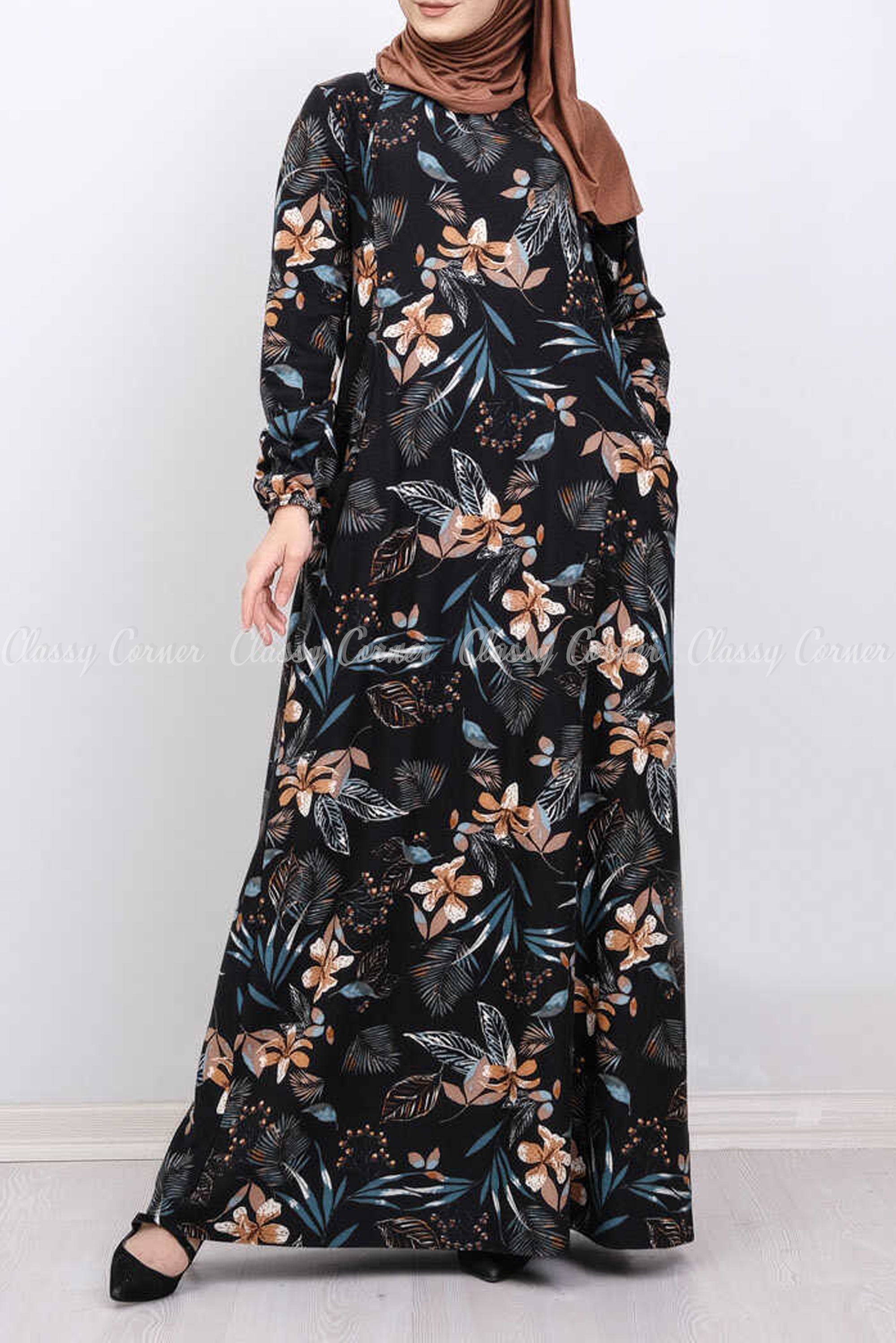 Beige Floral Hawaiian Print Black Modest Long Dress