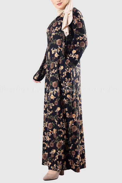 Neutral Multicolour Floral Print Modest Long Dress Side View