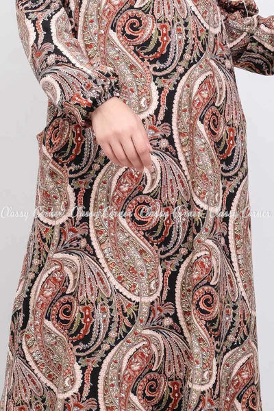 Neutral Pastel Color Mandala Print Modest Long Dress - detailed view