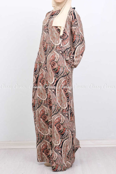 Neutral Pastel Color Mandala Print Modest Long Dress - side view