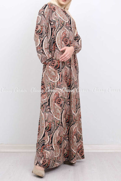Neutral Pastel Color Mandala Print Modest Long Dress