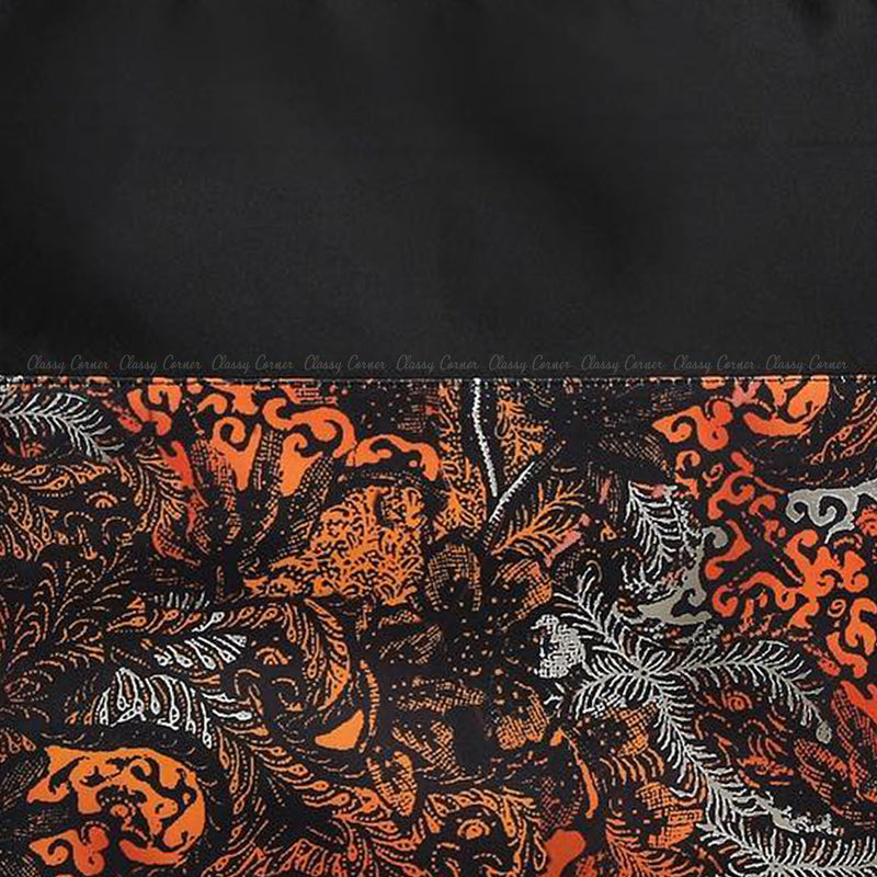 Orange Leafy Abstract Prints with Zipper Black Beach Bag