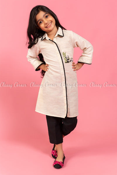 Panda Embroidery White and Black Kids Salwar Kameez - full front view