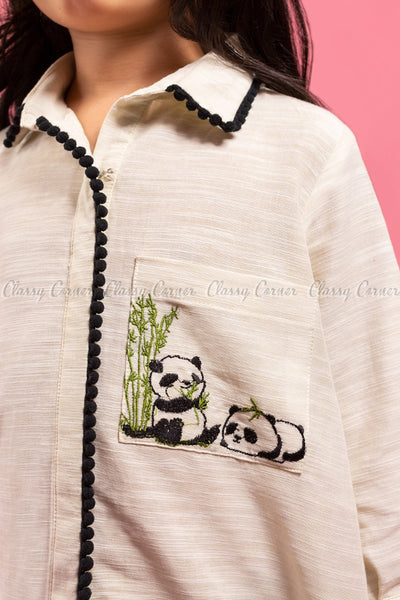Panda Embroidery White and Black Kids Salwar Kameez - pocket design
