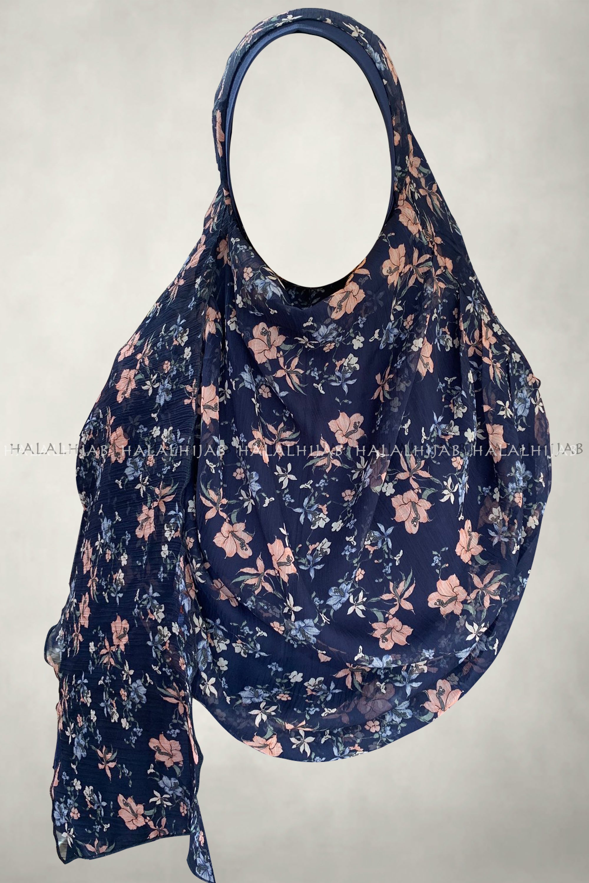 Peach Floral Navy Blue Comfy Instant Hijab