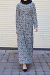 Pearl White Floral Black Modest Long Dress - front view