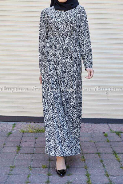 Pearl White Floral Black Modest Long Dress - front view