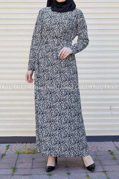 Pearl White Floral Black Modest Long Dress - full front view