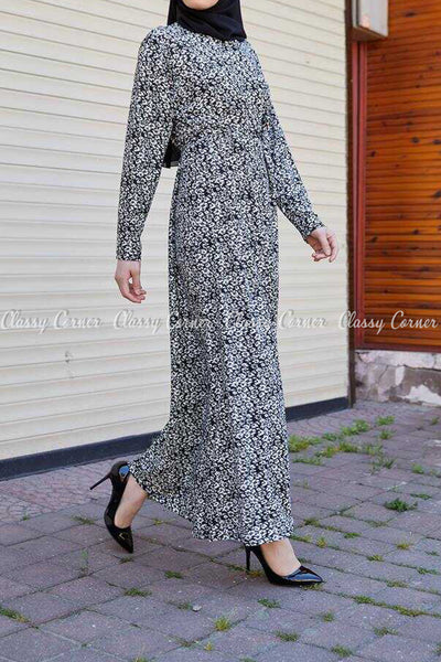 Pearl White Floral Black Modest Long Dress - full side  view