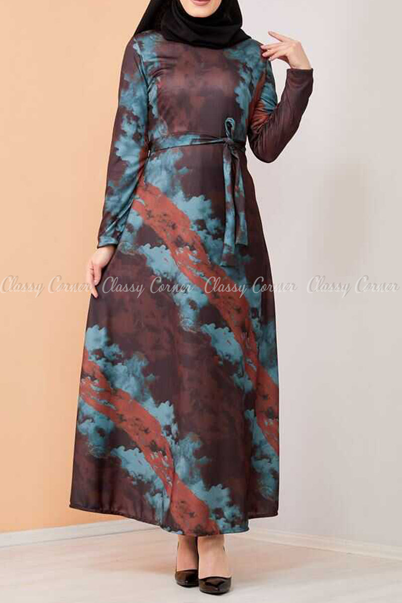 Petrol Brown Tie-Dye Modest Long Dress - full front view