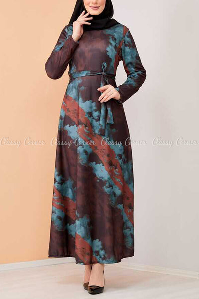 Petrol Brown Tie-Dye Modest Long Dress - full front