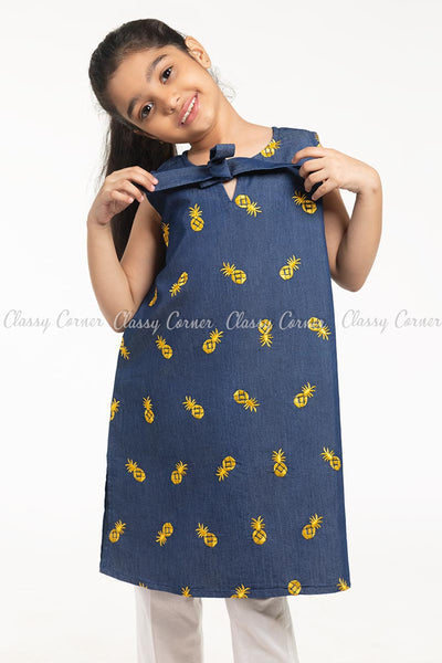 Pineapple Embroidery Design Denim Blue Kids Salwar Kameez - front view