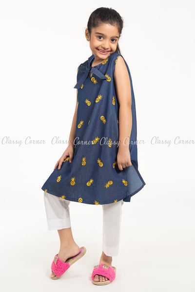Pineapple Embroidery Design Denim Blue Kids Salwar Kameez - side view