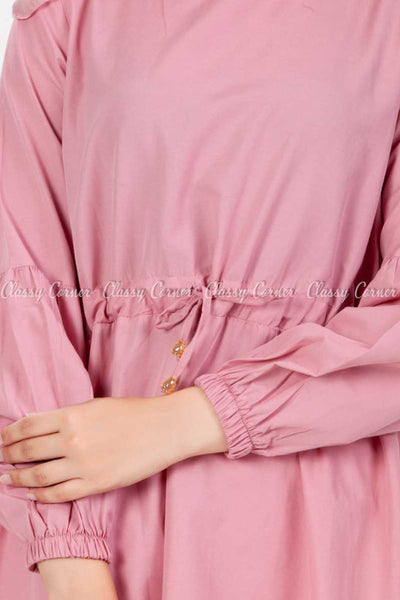 Pink Modest Tunic Dress - waist tie details