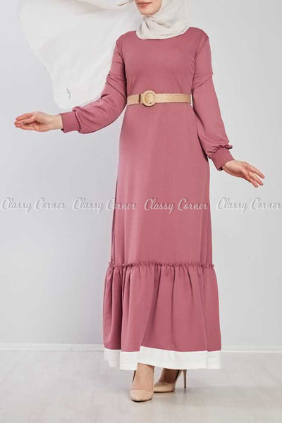 Pink Ruffled Bottom Skirt Modest Long Dress - full front view