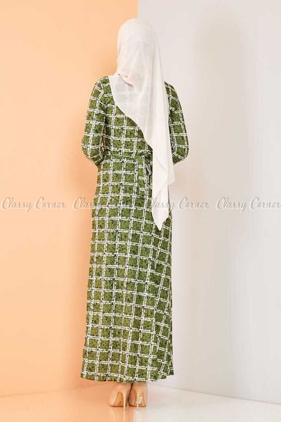 Plaid Pattern Green Modest Long Dress - back view