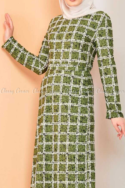 Plaid Pattern Green Modest Long Dress - closer view