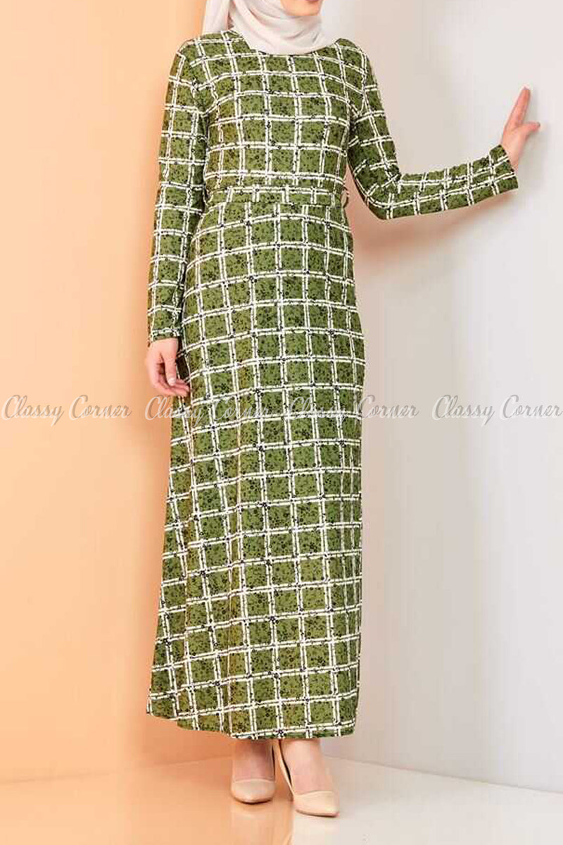 Plaid Pattern Green Modest Long Dress - full front view