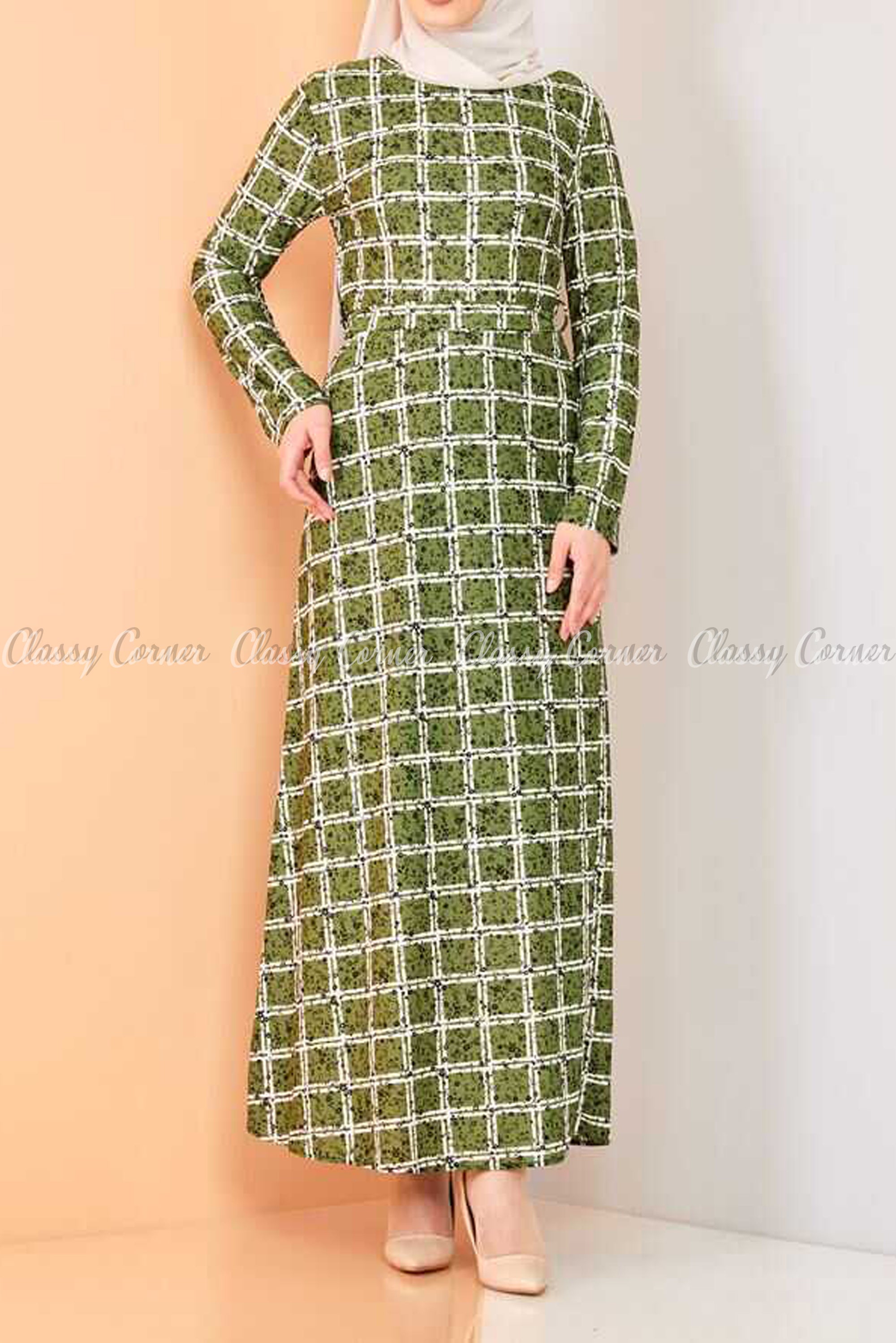 Plaid Pattern Green Modest Long Dress - full front view
