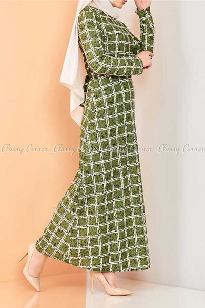 Plaid Pattern Green Modest Long Dress - left side view
