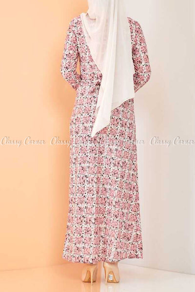 Plaid Pattern Powder Pink Modest Long Dress - back view
