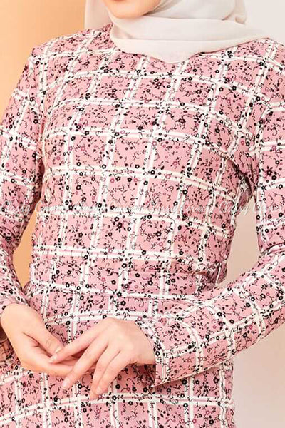 Plaid Pattern Powder Pink Modest Long Dress - closer view