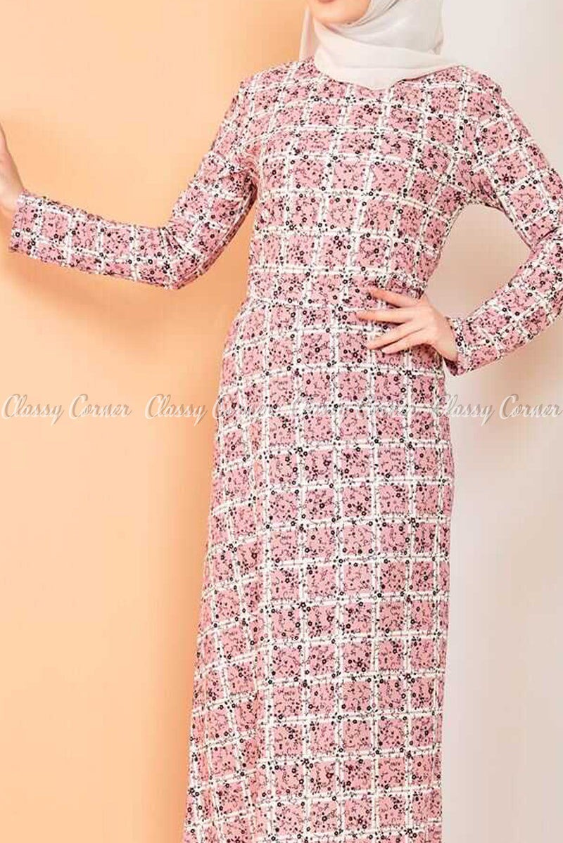 Plaid Pattern Powder Pink Modest Long Dress - full front view