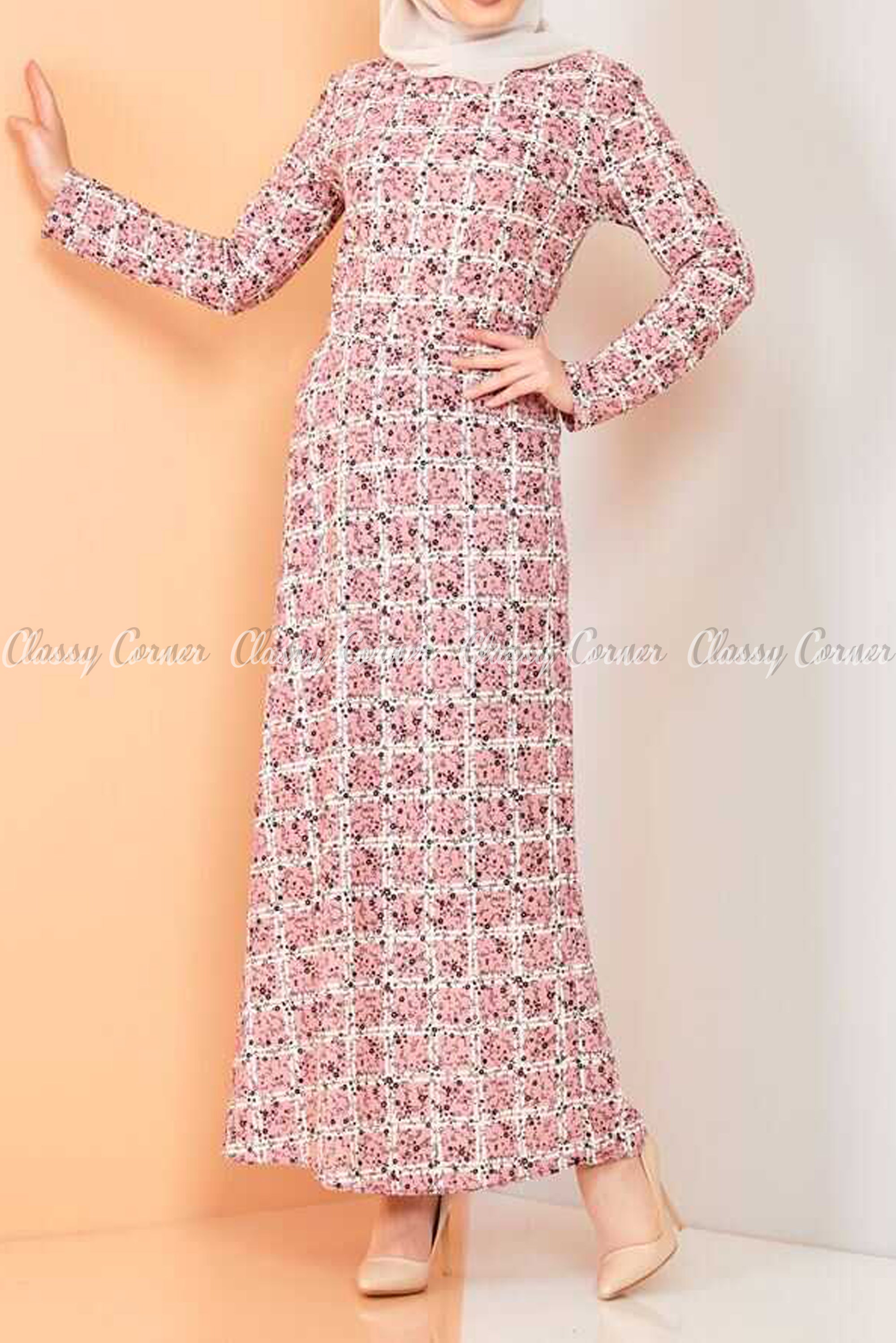 Plaid Pattern Powder Pink Modest Long Dress