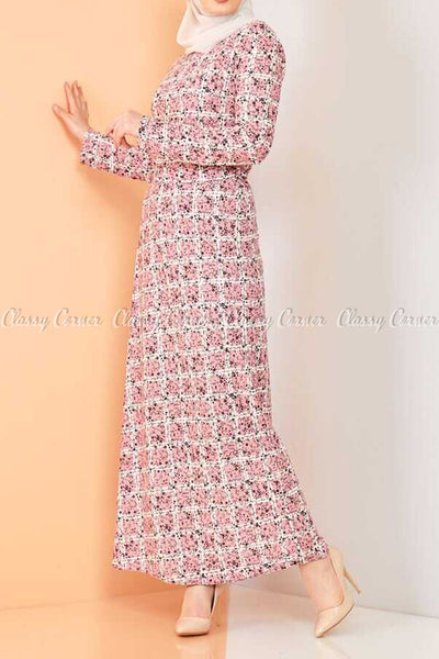 Plaid Pattern Powder Pink Modest Long Dress - right side view