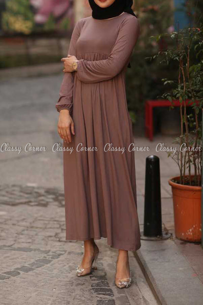 Plain Coffee Brown Modest Long Dress - front details