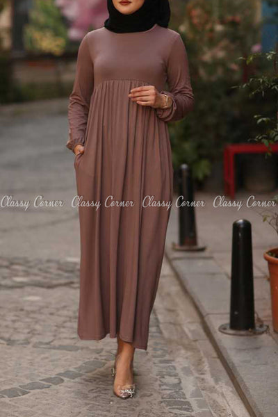 Plain Coffee Brown Modest Long Dress - front dress details