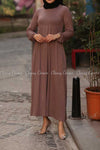 Plain Coffee Brown Modest Long Dress - full front view
