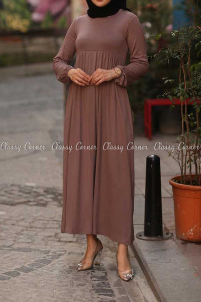 Plain Coffee Brown Modest Long Dress - full front view