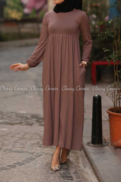 Plain Coffee Brown Modest Long Dress -  full view with pocket