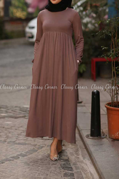 Plain Coffee Brown Modest Long Dress - side pockets
