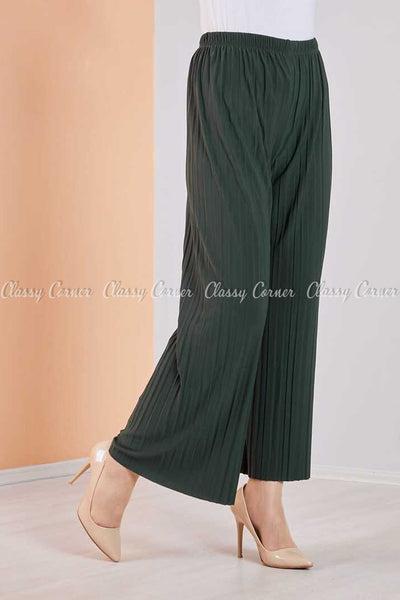 Pleated Green Modest Comfy Pants - left side view