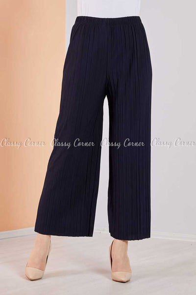 Pleated Navy Blue Modest Comfy Pants - front view