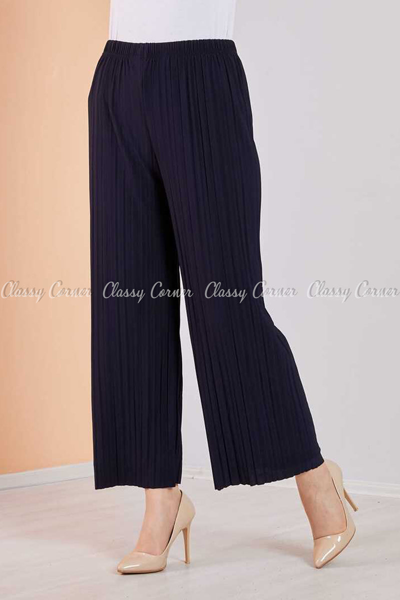 Pleated Navy Blue Modest Comfy Pants - front view