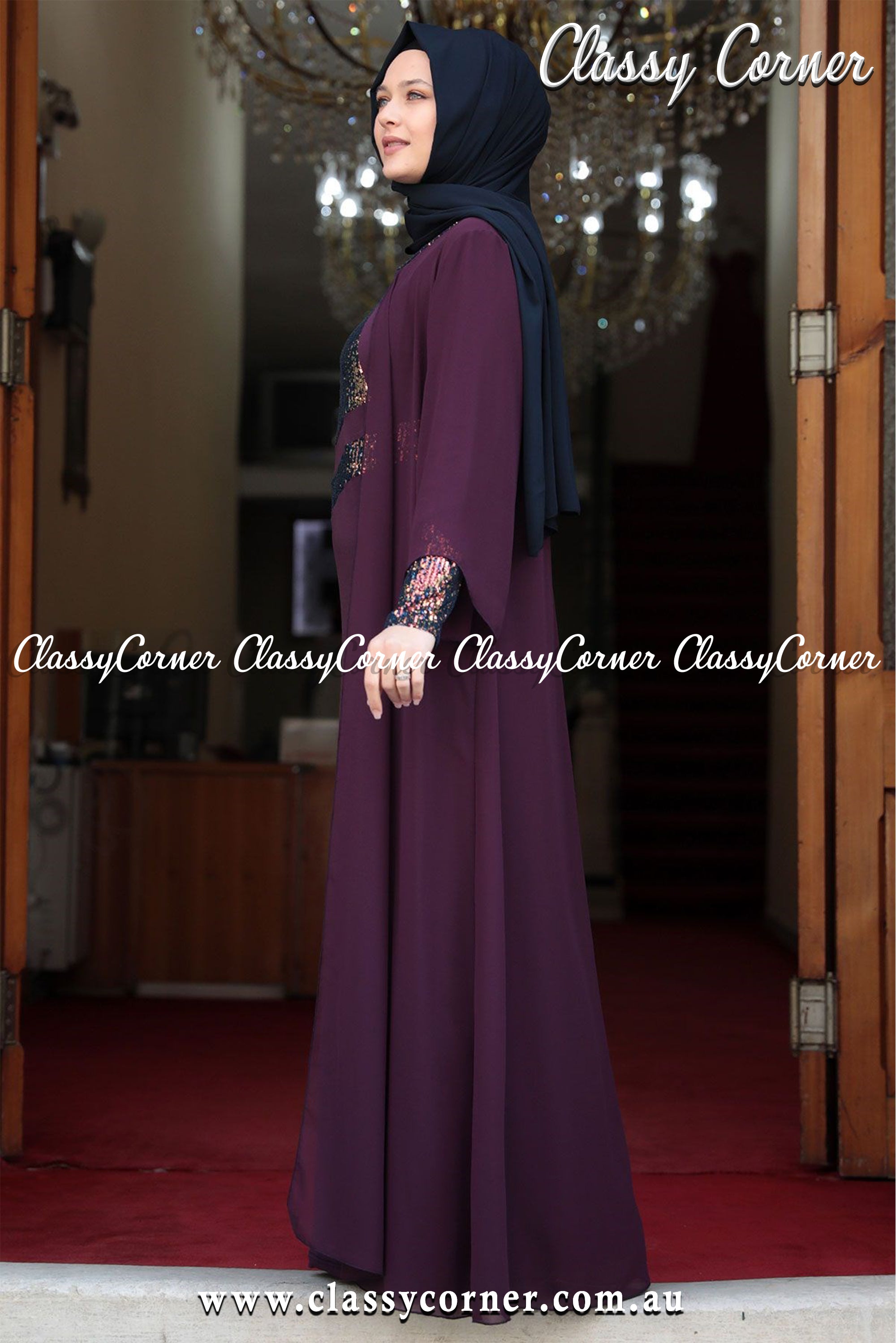 Embellished Sleeves Purple Chiffon Open Abaya