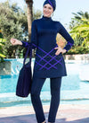 Purple Criss Cross Design Navy Blue Full Bodysuit Swimsuit